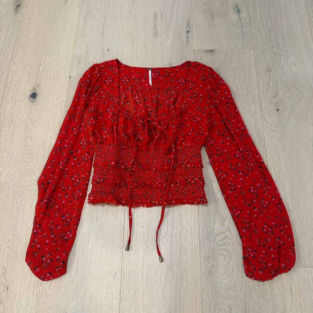 Free People red floral peasant blouse size XS
